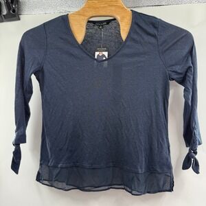Zac & Rachel Womens Blouse Top Tie Sleeve V-Neck Layered‎ Hem Casual Blue M